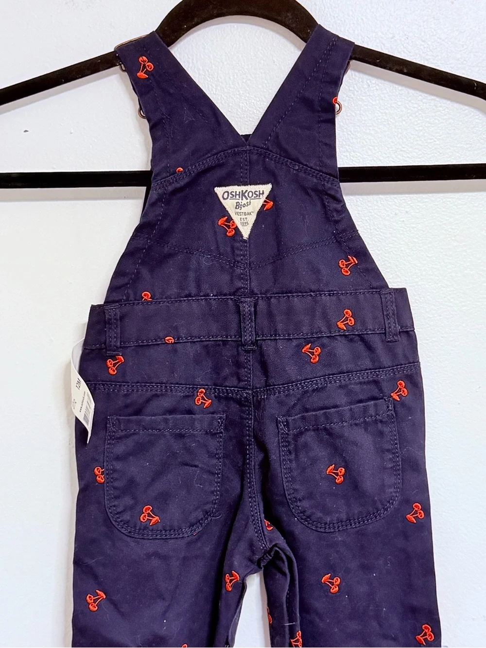 OshKosh Baby/Toddler Denim Overalls Dark Blue with Cherries Size 12 Months NWT